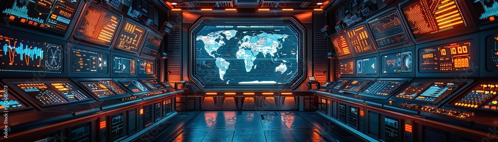Illustrate a high tech Coast Guard command center, monitoring global ...