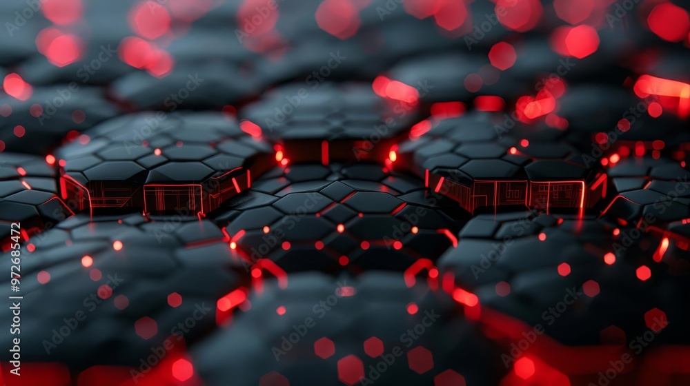 Fototapeta premium Abstract hexagonal pattern with red glowing lights.