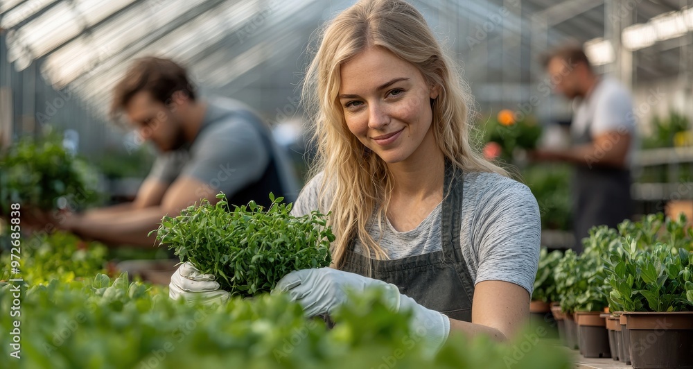 Obraz premium A blonde woman in her thirties working in a greenhouse with green plants and colleagues in the background.