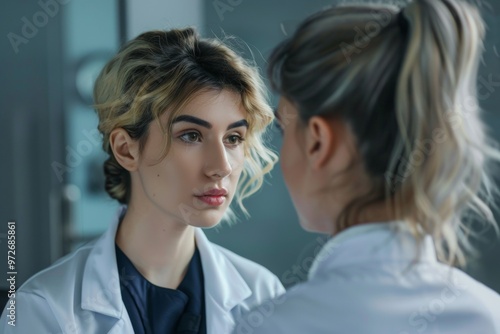 A doctor examines the patient before the aesthetic procedures. The patient looks at herself and tells her what she wants to change