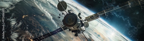 Military satellite in orbit, equipped with advanced surveillance gear, monitoring ground activities below