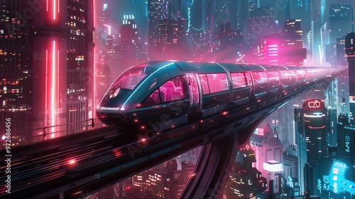 Monorail with glowing neon tubes, weaving through the cityscape like a beam of light photo