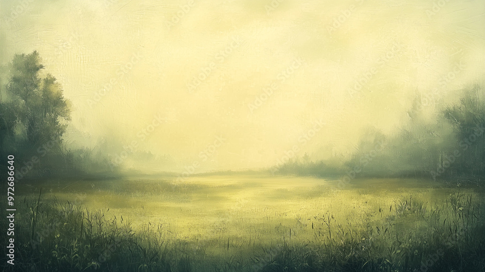 Fototapeta premium Misty Meadow Landscape Painting Golden Hour Sunrays