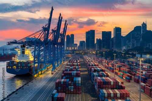 Twilight port scene with ship KOREA PORT docked, cargo containers, cranes, city skyline