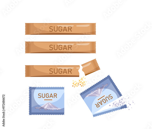 Sugarcane product concept. Package with brown and white sugar. Natural and organic sweet products. Harvest and plantantion. Poster or banner. Flat vector illustration isolated on white background