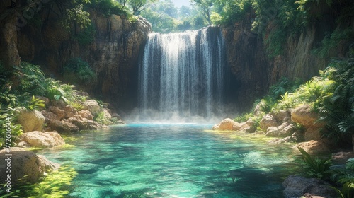 Serene waterfall cascading into a tranquil pool surrounded by lush greenery.