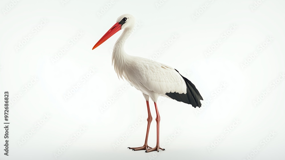 A majestic stork stands elegantly on a white background, showcasing its vibrant beak and long legs A majestic stork stands elegantly on a white background, showcasing its vibrant beak and long legs