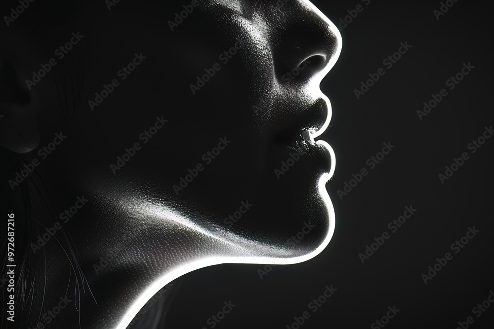 Side profile of a person with a halfshadowed face, showcasing the LEDlit teeth as a symbol of cuttingedge dental technology Side profile of a person with a halfshadowed face, showcasing the LEDlit teeth as a symbol of cuttingedge dental technology