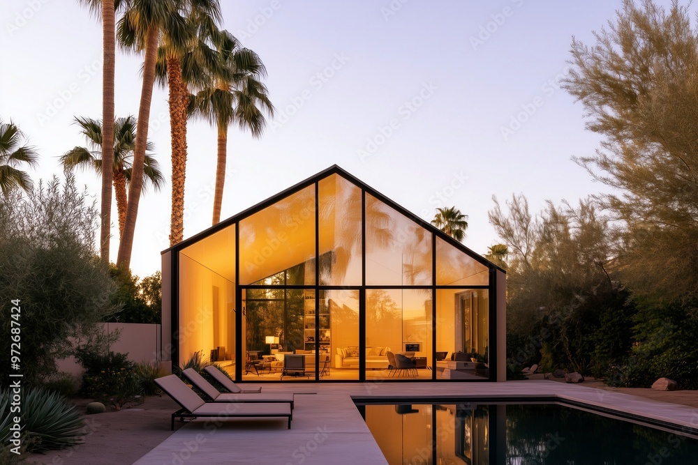 modern, angular house surrounded by tall palm trees at dusk, with large glass windows revealing warm interior lighting and a poolside patio modern, angular house surrounded by tall palm trees at dusk, with large glass windows revealing warm interior lighting and a poolside patio