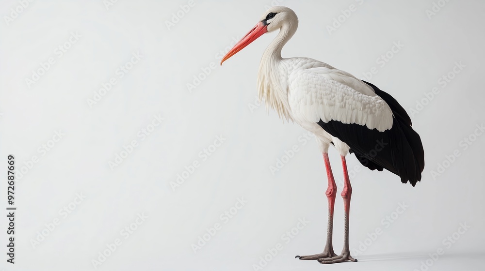 Fototapeta premium A majestic stork standing gracefully on a plain background in natural light during a tranquil setting