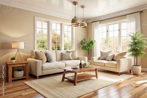 Soft beige walls, cream-colored couch, and natural wood accents create a calming, neutral-toned living room with