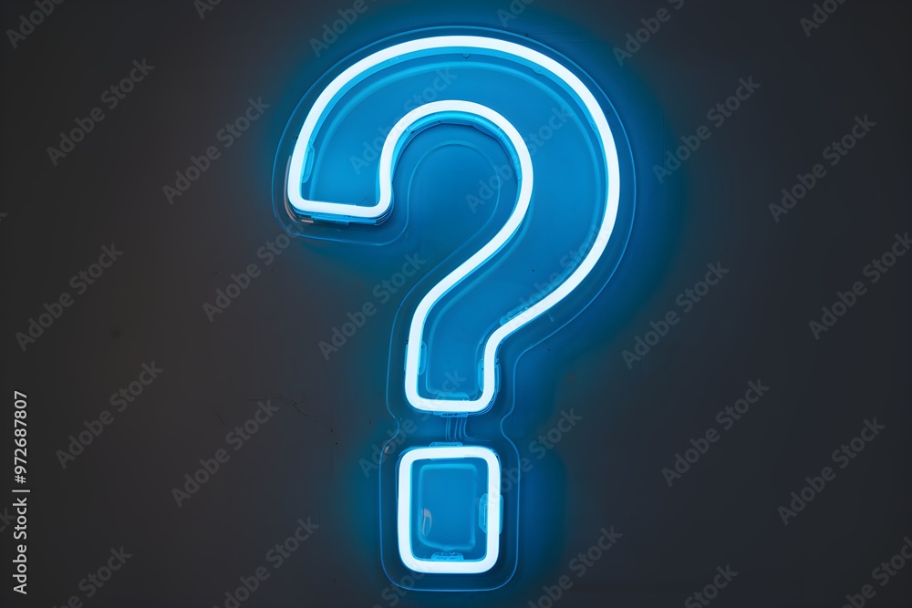 Glowing blue neon question mark symbol shines against a dark, prominent 3D design Glowing blue neon question mark symbol shines against a dark, prominent 3D design