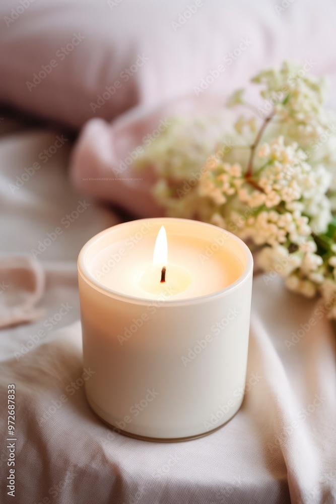 Burning candle on white fabric, closeup. Burning candle on white fabric, closeup.