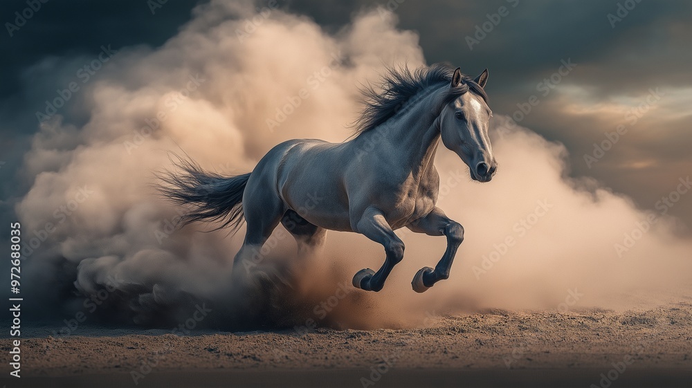 dynamic of a horse in full gallop, kicking up clouds of dust as it charges forward. dynamic of a horse in full gallop, kicking up clouds of dust as it charges forward.