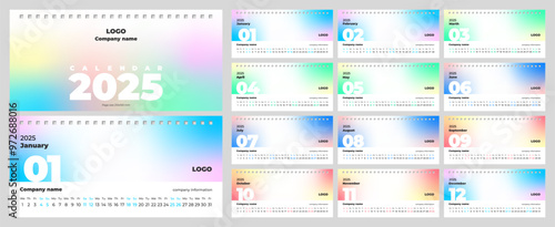 2025 calendar template. Horizontal, page size 210x100 mm, English. Copy space, gradient background