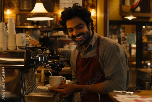 Smiling Barista Serving Coffee in a Warm Caf