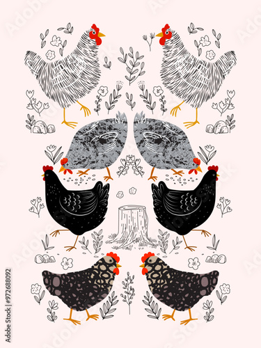 Chicken, hen, rooster pattern hand drawing sketch vector illustration design. Cute lovely poultry farm birds animal design for fabric, textile, wrapping, wallpaper and background.