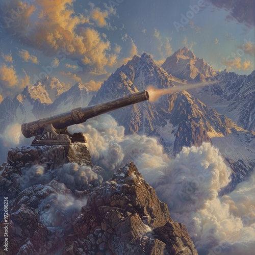 A large cannon on top of a mountain in the middle of a mountain range shoots out a core in clouds of powder smoke. photo