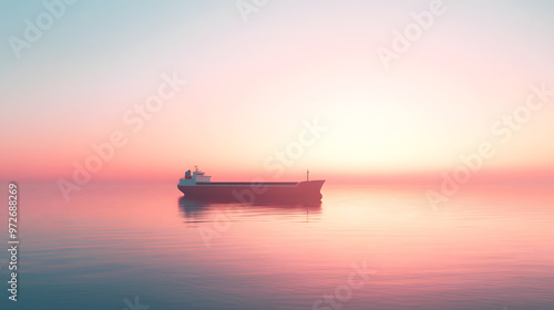 minimalist scene of a cargo ship at sea, the stillness of the water reflecting the delicate colors of a fading sunset photo