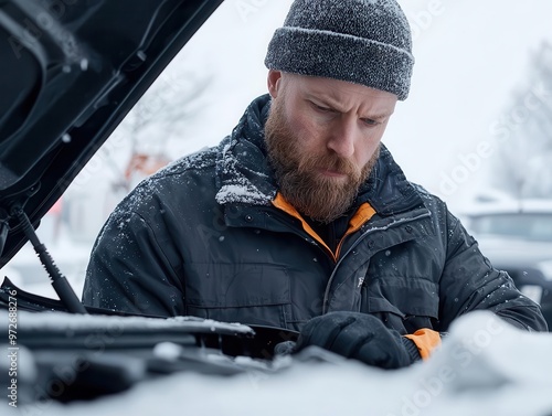 Mechanic performing a winter check-up under the hood of a car, ensuring it's ready for the cold season Winter car check-up, Cold weather maintenance