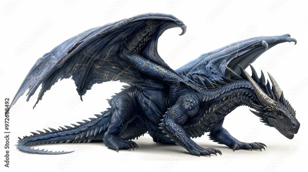 a large winged dragon with very dark blue, almost black, scales. The dragon looks stoich. He scars on his face. show the whole dragon isolated on white background a large winged dragon with very dark blue, almost black, scales. The dragon looks stoich. He scars on his face. show the whole dragon isolated on white background