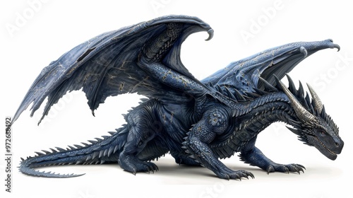 a large winged dragon with very dark blue, almost black, scales. The dragon looks stoich. He scars on his face. show the whole dragon isolated on white background photo