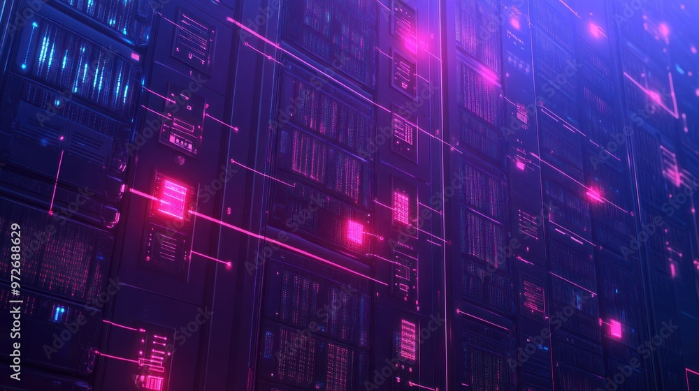 A background featuring a network of servers and data points secured with digital locks and security alerts A background featuring a network of servers and data points secured with digital locks and security alerts