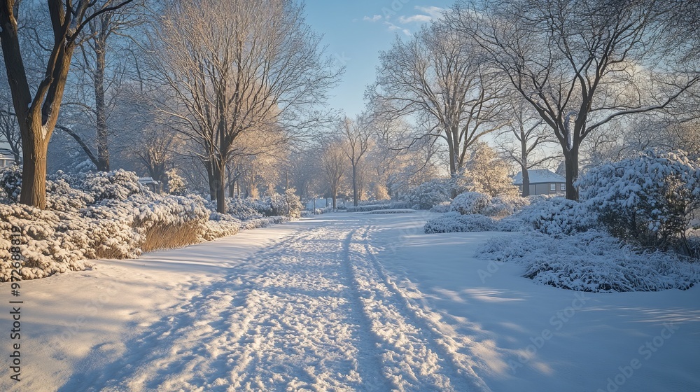Snowy path leading through a quiet suburban park, with bare trees and a frosty, blue sky. 4K hyperrealistic photo.