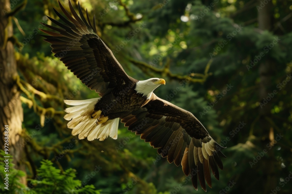 a magnificent bald eagle, its white head gleaming in the sun, soared high above them. the Great Spirit. enchanting, magic