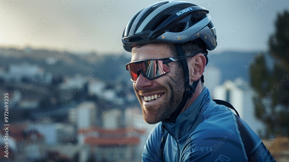 Active cyclist pedals through a city, surrounded by the concrete jungle. Active cyclist pedals through a city, surrounded by the concrete jungle.
