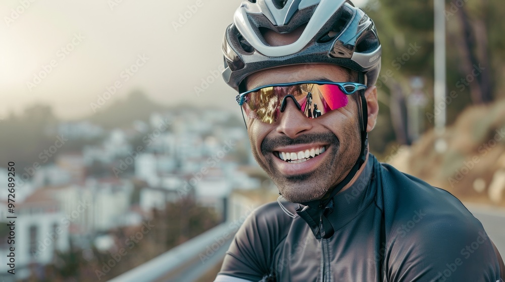 Fototapeta premium A cyclist makes his way through the city streets, blending into the urban backdrop.