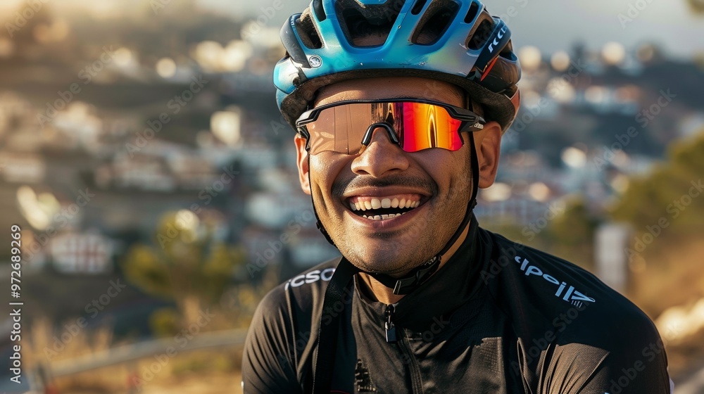 Man cycling through busy city streets with towering buildings behind him. Man cycling through busy city streets with towering buildings behind him.