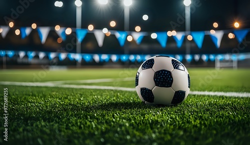 A soccer ball sits on a green field at night, with a stadium of lights and flags in the background.