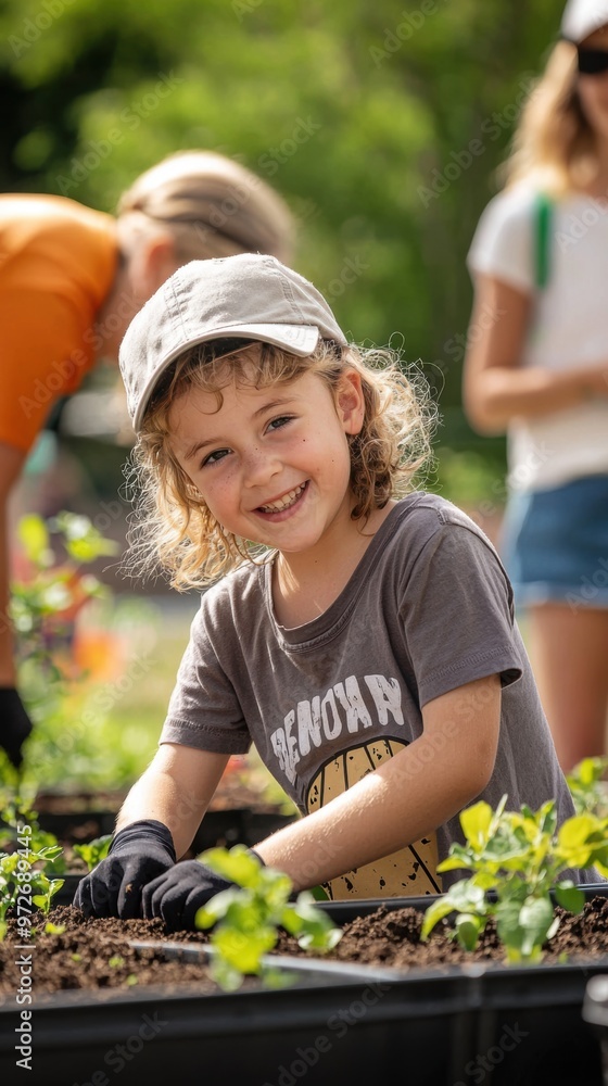 A community garden event where families and children are planting seeds, with educational signs explaining the benefits of organic farming and sustainable agriculture. A community garden event where families and children are planting seeds, with educational signs explaining the benefits of organic farming and sustainable agriculture.