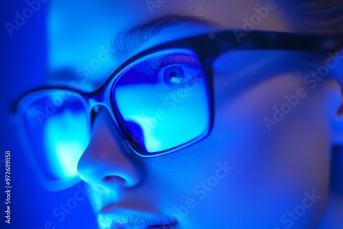 Wallpaper Mural Close-Up Portrait of a Woman Wearing Glasses in Blue Light Torontodigital.ca