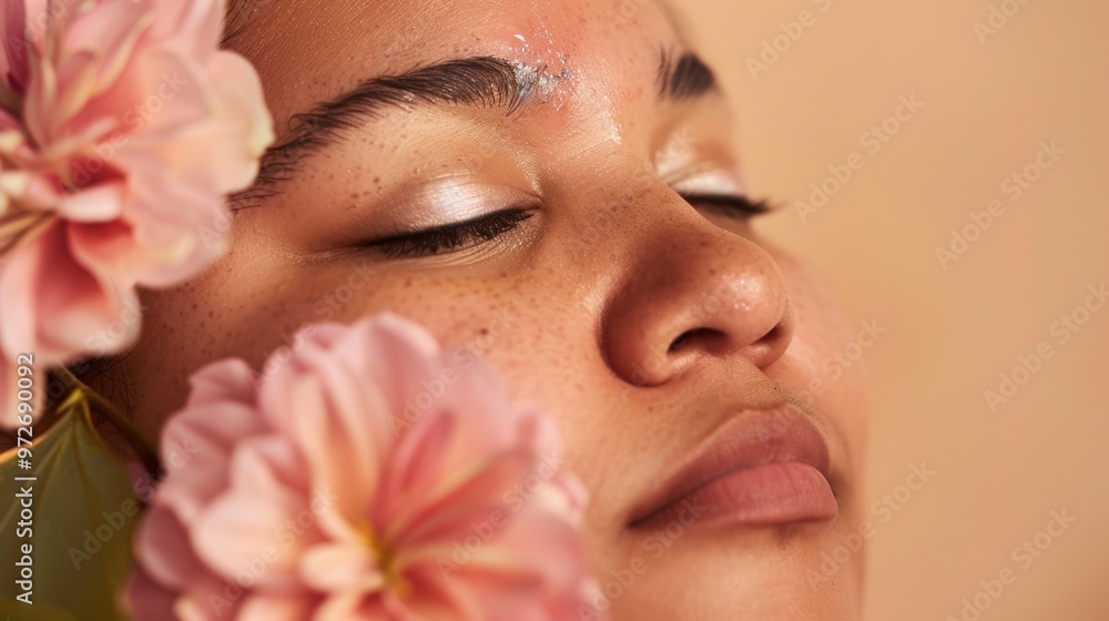 Closeup of a plus-size woman with a pink flower held to her eye, eyes closed, showcasing a tranquil and graceful studio portrait. Closeup of a plus-size woman with a pink flower held to her eye, eyes closed, showcasing a tranquil and graceful studio portrait.