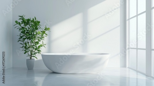 A white bathtub in a minimalist bathroom with natural light photo