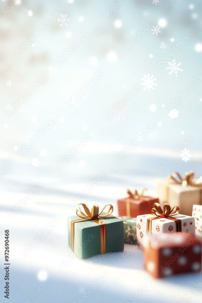 Festive presents in snow with soft bokeh background. Beautifully wrapped gifts perfect for celebrating the holiday season.