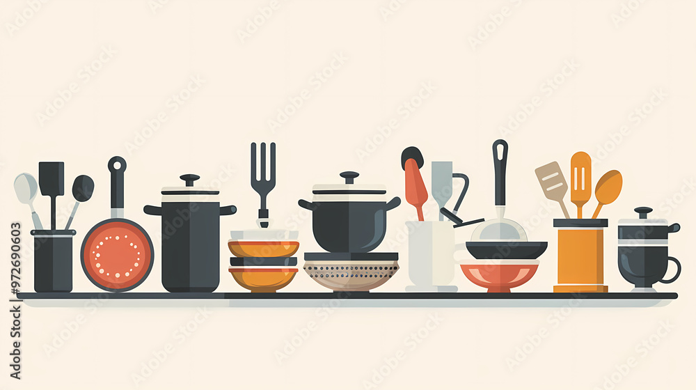 A simple vector icon illustration depicting the group of kitchenware items at center for a website isolated white background A simple vector icon illustration depicting the group of kitchenware items at center for a website isolated white background