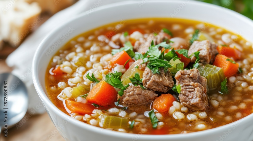 A bowl of barley soup with mixed vegetables, lean beef, and a sprinkle of fresh parsley. A bowl of barley soup with mixed vegetables, lean beef, and a sprinkle of fresh parsley.