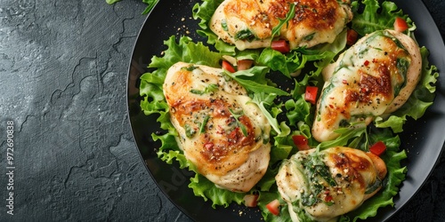 Oven-Roasted Chicken Breasts Arranged with Lettuce and Spinach Cheese Bake on a Dark Plate Over a Stone Surface, Aerial Perspective with Empty Space