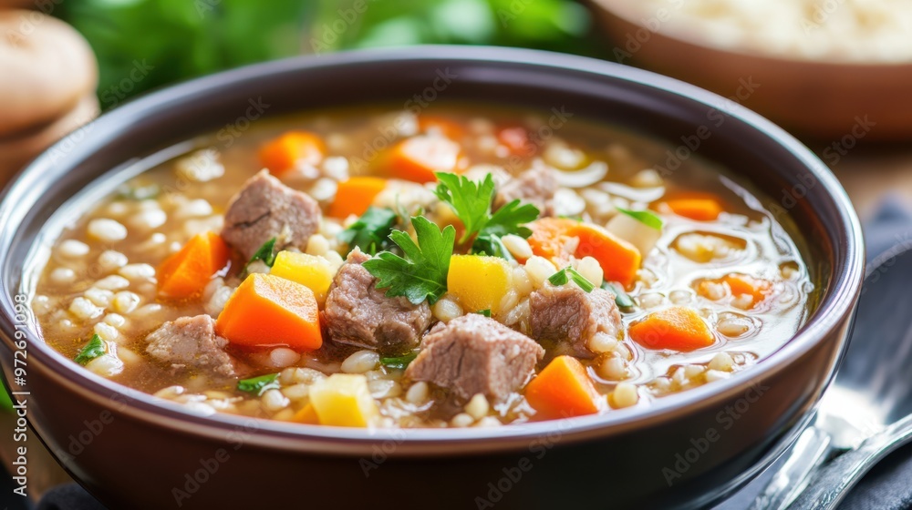 A bowl of barley soup with mixed vegetables, lean beef, and a sprinkle of fresh parsley. A bowl of barley soup with mixed vegetables, lean beef, and a sprinkle of fresh parsley.