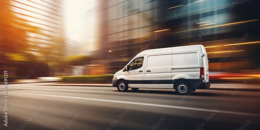 White commercial delivery van on the street with motion blur background White commercial delivery van on the street with motion blur background