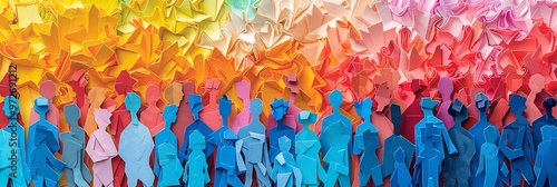 This image illustrates a lively community made up of colorful paper cutouts, with human silhouettes placed against a striking gradient background of reds, blues, and yellows. photo