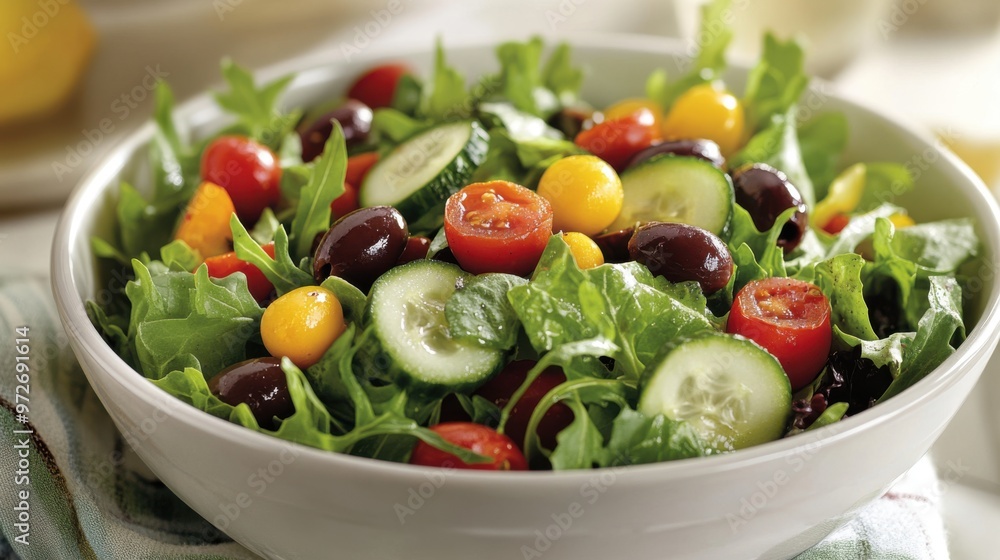 A bowl of mixed greens salad with cherry tomatoes, cucumber, olives, and a lemon A bowl of mixed greens salad with cherry tomatoes, cucumber, olives, and a lemon