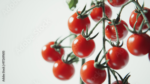A bunch of red tomatoes hanging from a plant. Concept of freshness and abundance, as the ripe tomatoes are ready to be picked and enjoyed