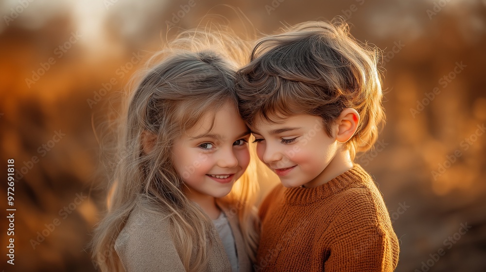 A heartwarming moment between two child smiling at each other with their foreheads touching. A heartwarming moment between two child smiling at each other with their foreheads touching.