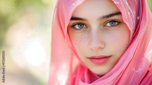 Portrait of a young woman wearing a pink headscarf, looking empowered, natural sunlight