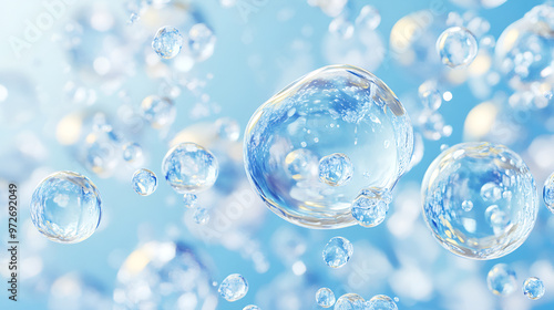 Wallpaper Mural Sun glare, big bubbles on the water ,Light blue textured background, Macro bubble, Macro close up of soap bubbles look like scientific image of cell and cell membrane Torontodigital.ca