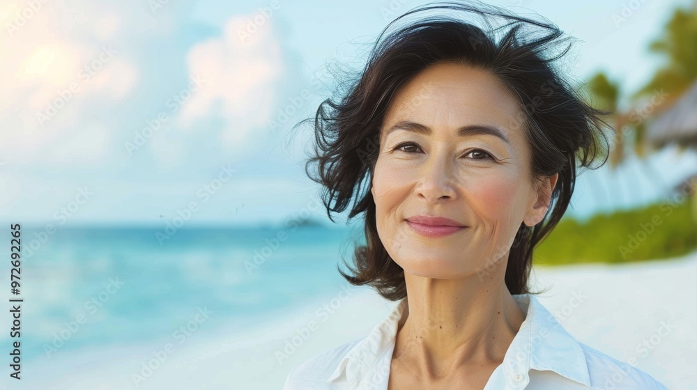 Confident middle-aged woman at a resort, enjoying her relaxation time in a stylish shirt and eyeglasses. Confident middle-aged woman at a resort, enjoying her relaxation time in a stylish shirt and eyeglasses.